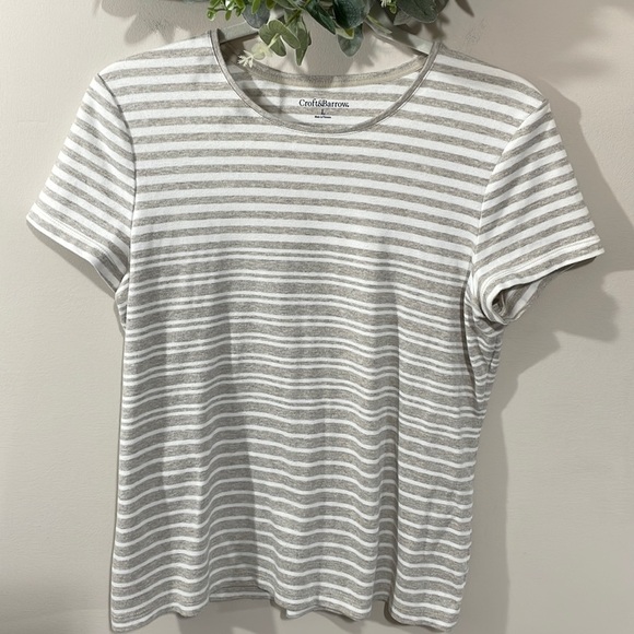🌸 Croft & Barrow Crewneck Short Sleeve Top Heathered Brown & White Striped L - Picture 1 of 9